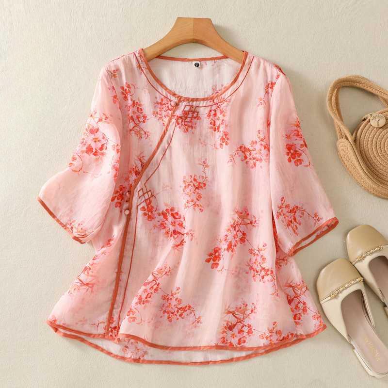 Summer Diagonal Embroidered Thin Artistic Print Loose Versatile Five Quarter Sleeve Top Shirt