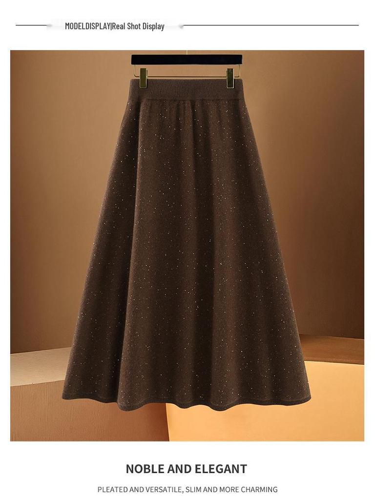 High-Waisted A-line Wool Sequin Umbrella Skirt – Mid-Length Slimming for Autumn/Winter
