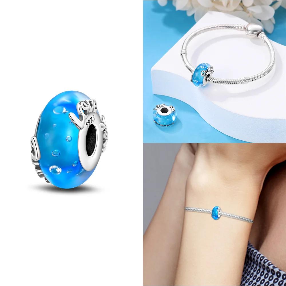 925 Silver Bracelet Women Diy Jewelry Gift Accessories Charms Beads Pink Murano Glass Blue Flower Butterfly Beads