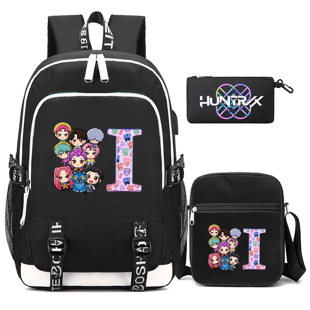 3Pcs/set 26 English Letter Kpop Printed Backpack with Shoulder Bag Pencil Case for Teenager Girl Boy Bookbag Large Capacity Waterproof Travel Bag