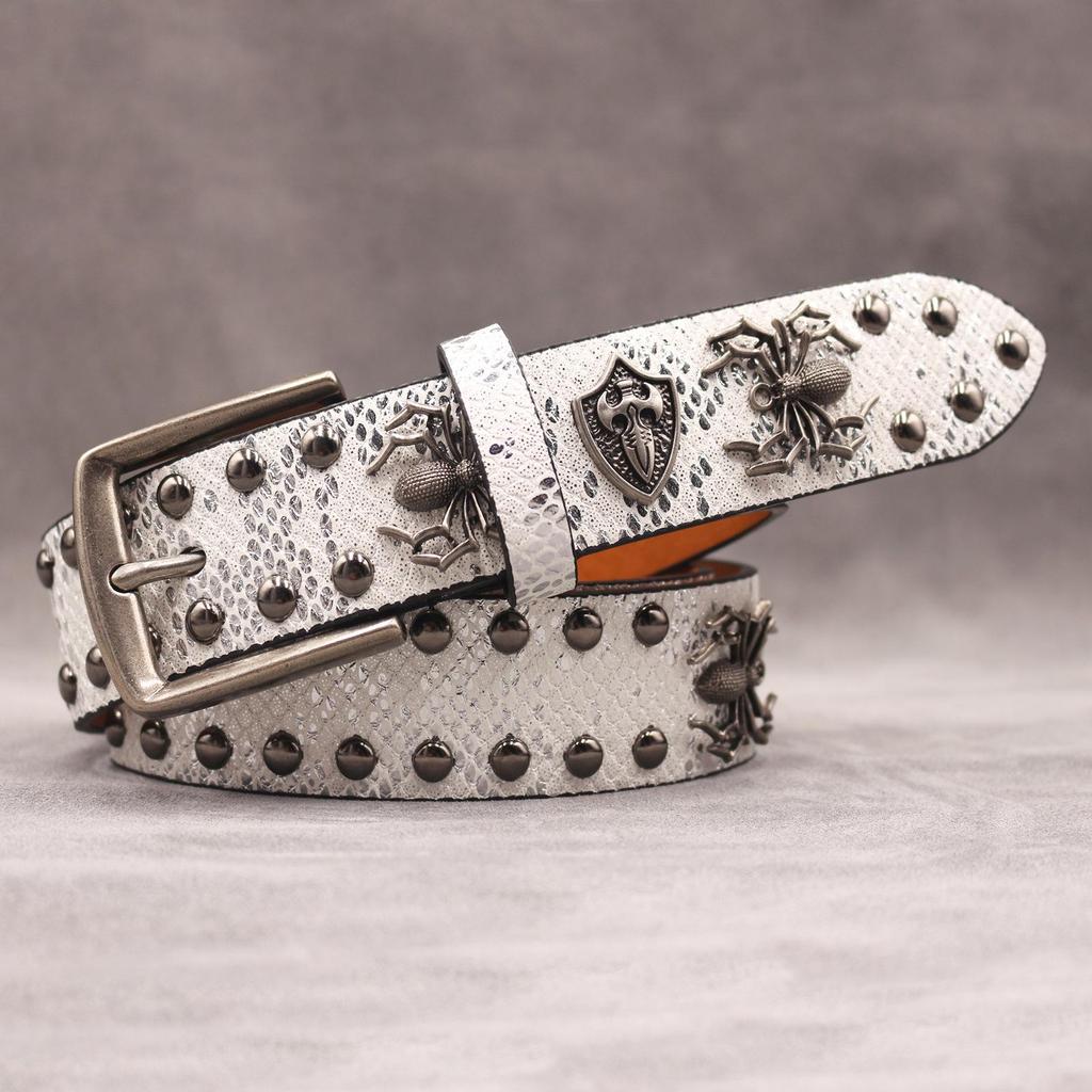 Unisex 7-Color 3D Spider Rivet Leather Belt with Snake Print