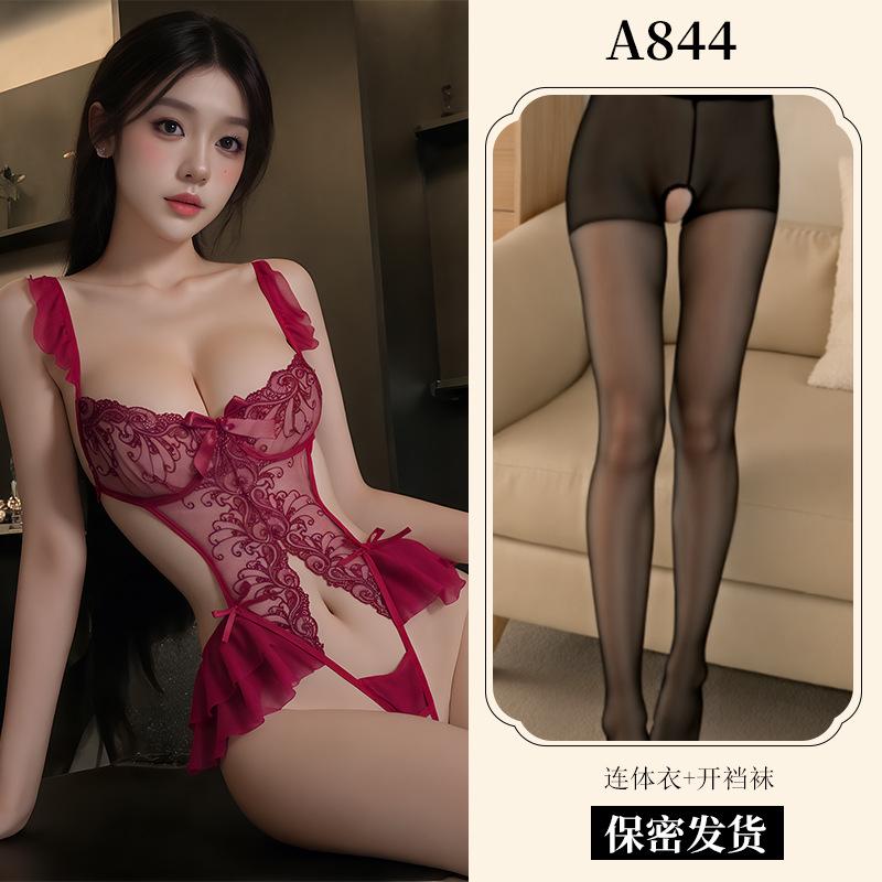 Sexy Lingerie Sexy Lace Embroidered Onesie Women's Hollow Open Pajamas Hot Seduction Uniform A