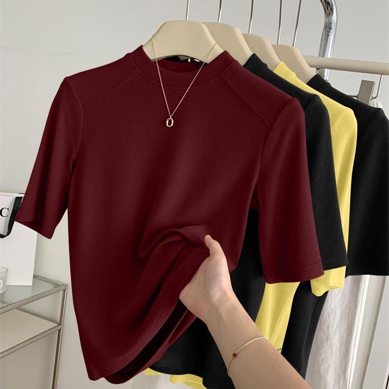 Women Spring Autumnr Mid Sleeve Top Slim Fit New Mock Neck T-shirt