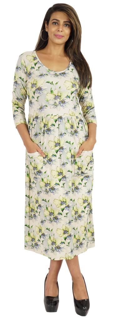 Phagun Women Summer Midi Dress Casual Loose Pockets Dress Scoop Neck Dresses