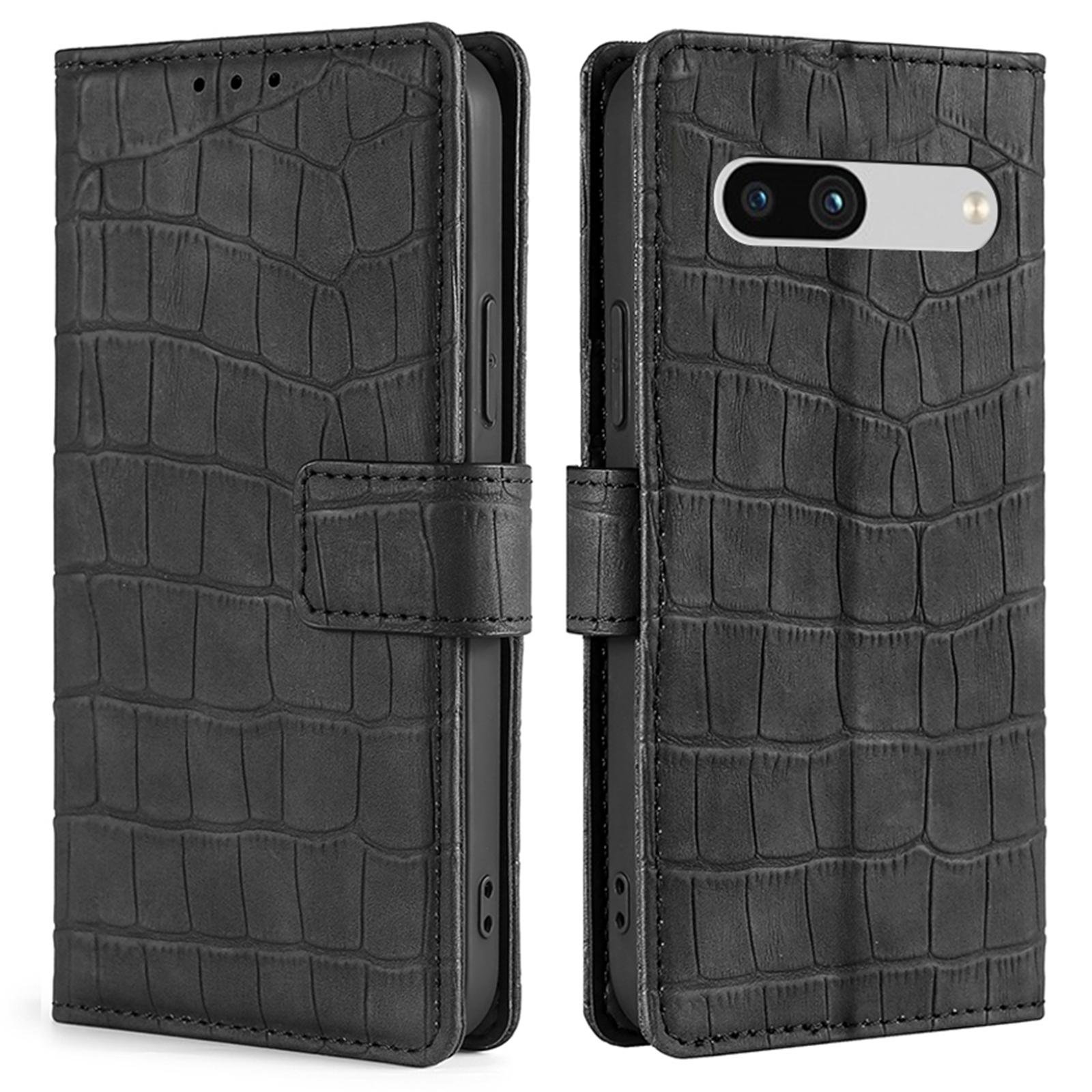 

For Google Pixel 7a Crocodile Texture Skin-touch Feeling Phone Case Drop-proof PU Leather Cell Phone Cover with Wallet Stand Black