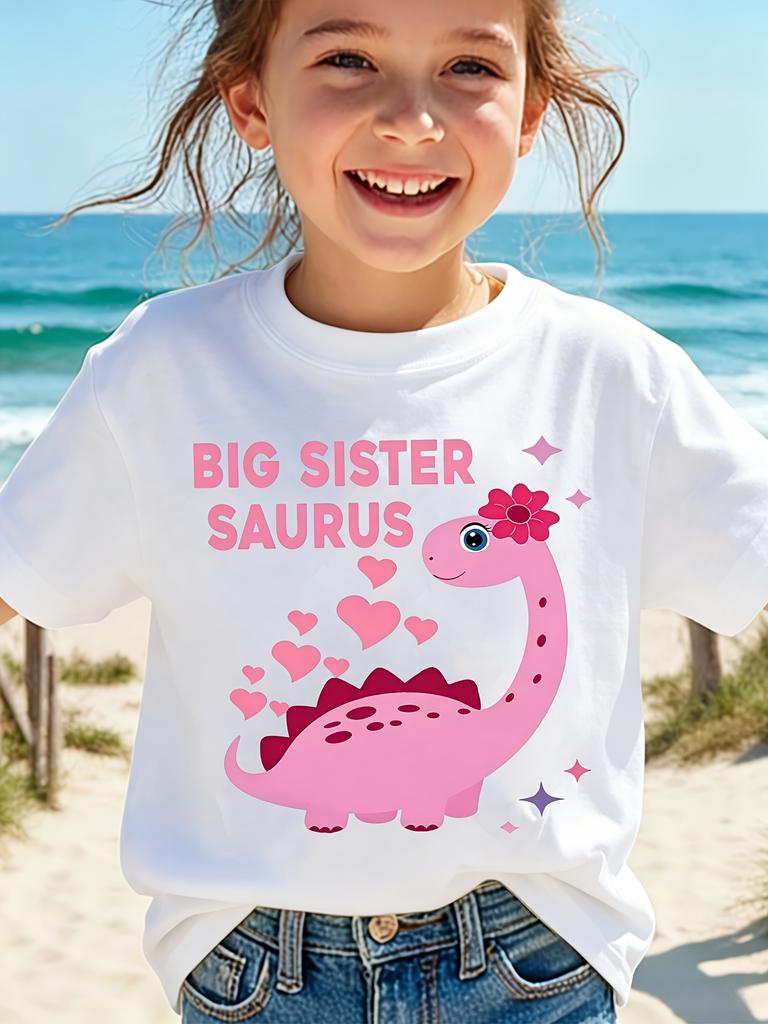 Big Sister Saurus Kids T Shirt Cute Pink Heart Flower Print Short Sleeve Tees Girls Soft Cotton Casual Top Beach Daily Wear Gift
