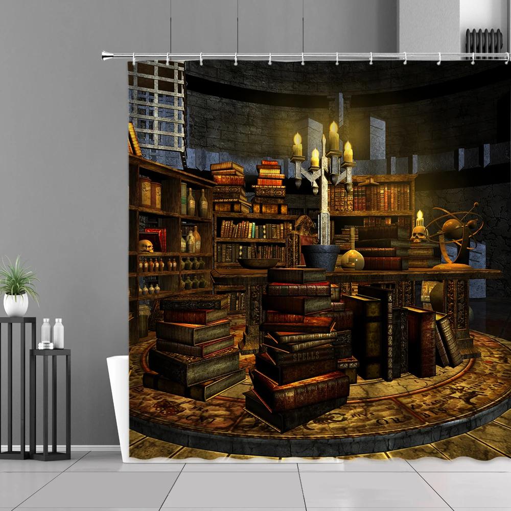 3D Library Shower Curtain, Vintage Bookshelf Books Gothic Magic Polyester Printed Fabric Bathroom Decorative Bathtub Accessories