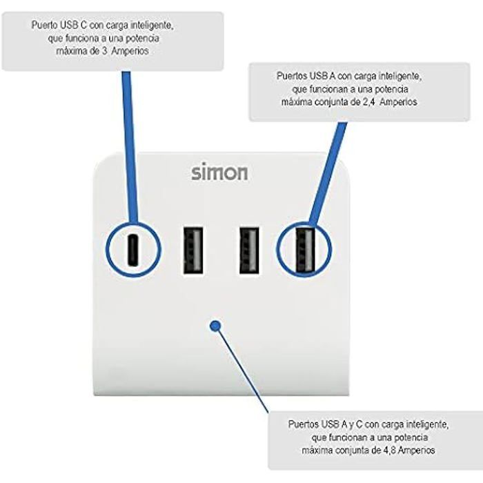 Adaptateur usb - simon - chargeur multiple - 4 ports usb (3 a + 1 c) - 4,8 a - compact