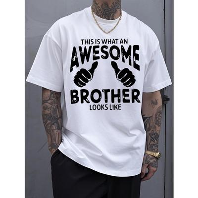Europäische Größen Herren Lustiges Bruder-Muster T-Shirt | Weiß mit Schwarzem Fettdruck, Lockeres Casual Alltagshemd, Für Alle Jahreszeiten Maschinenwaschbar