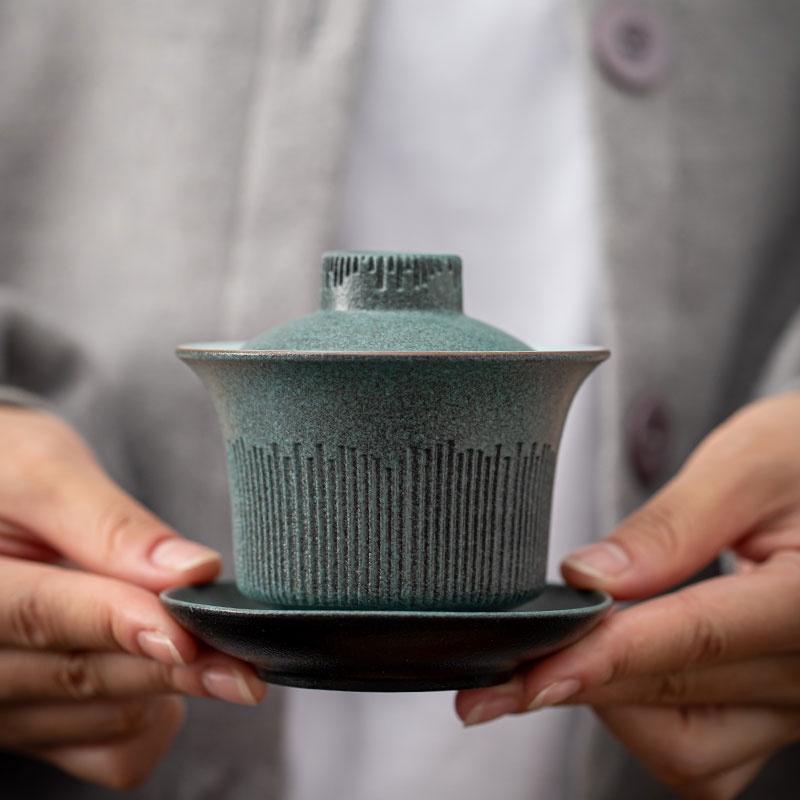 140ml Blue Stone Glaze Ceramic Gaiwan Vintage Sancai Bowl Japanese Style Tea Ceremony Bowl