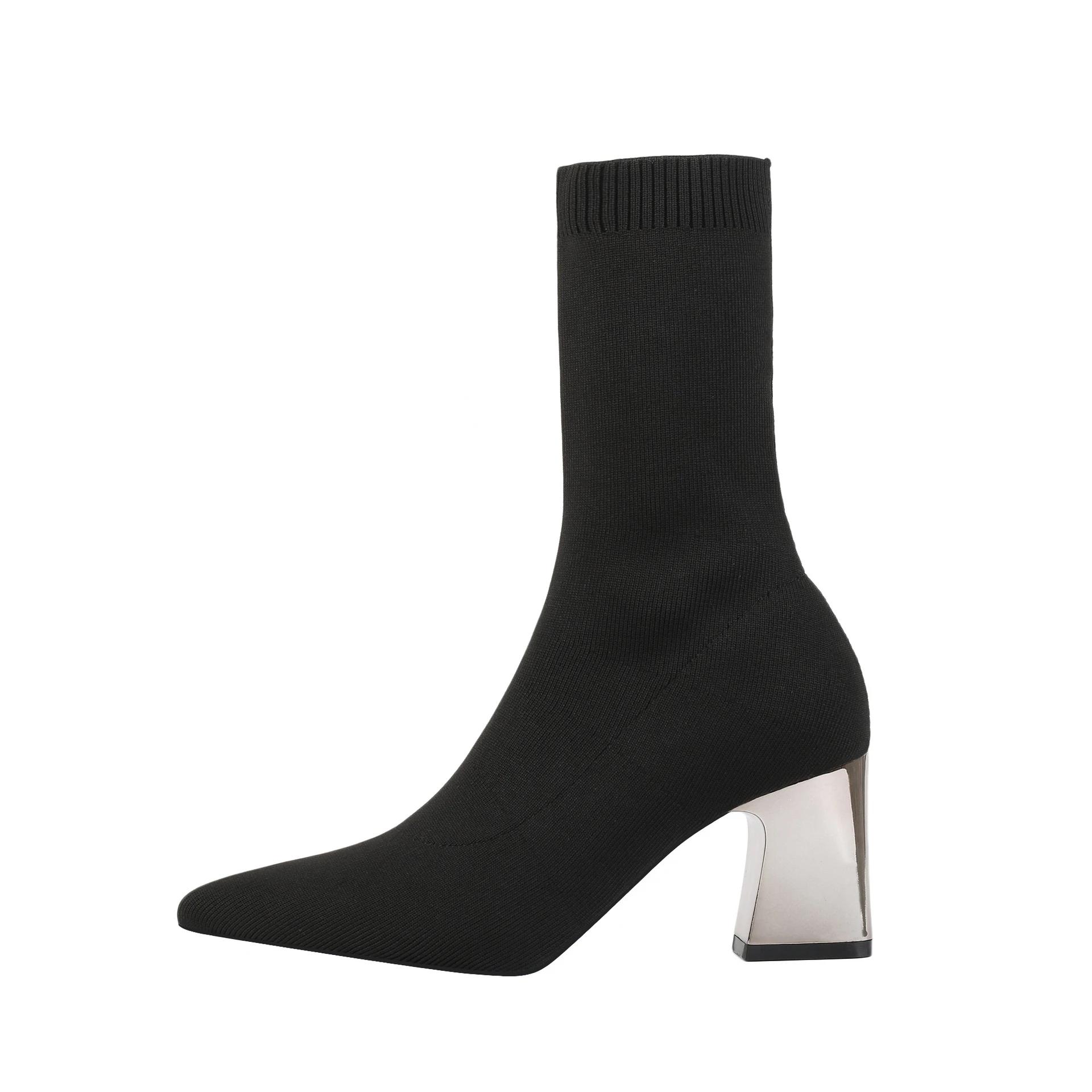 

Модные женские сапоги осень и зима новые сексуальные носки вязаные сапоги короткие сапоги на грубом каблуке высокие остроносые женские туфли на каблуках женские 40