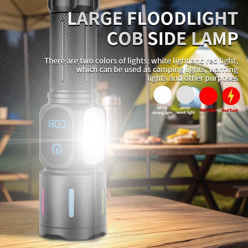 Rechargeable Flashlight with COB Side Light Telescopic Zoom Super Bright USB Battery Indicator for Camping Emergency Lighting