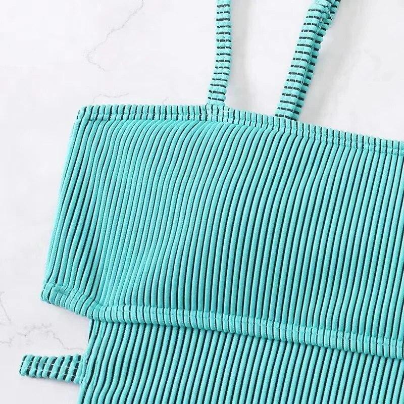 Sexy Gerippter Einteiler Badeanzug Einfarbig Bademode Damen Cut Out Monokini Hochgeschnitten Schwimmanzug Weiblich Baden Bikini Anzüge