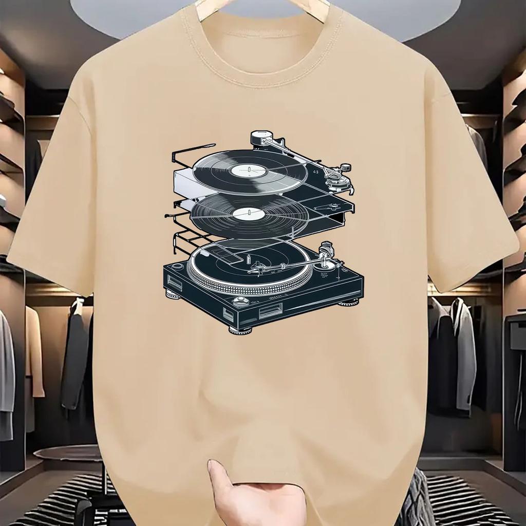 Men DJ Turntable Graphic T-Shirt Summer Short Sleeve Crew Neck Comfortable Polyester Fabric Clothing