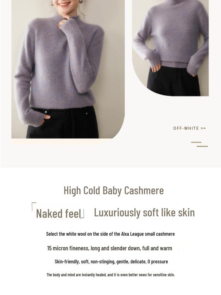 Women's Solid Color Cashmere Sweater: Floral Yarn, Half-High Neck, Rolled Hem Knit Base Layer Top.