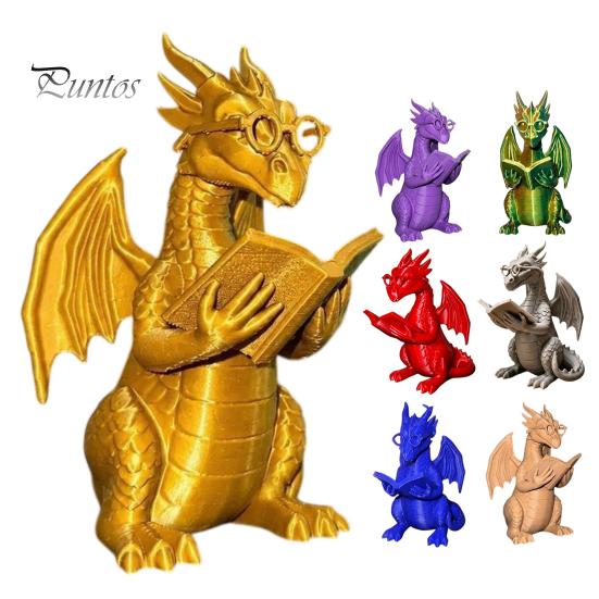 Collectible Dragon Ornament Reading Figurine with Glasses, Statue, 3D Printed Statue Bookshelf Decor, Whimsical Desktop Ornament, Gift for Book Lovers