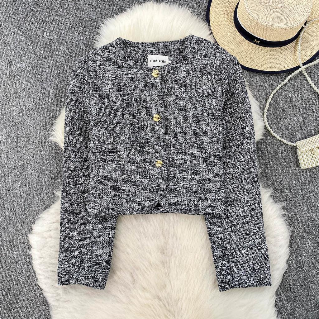 Autumn Winter Women Elegant Little Fragrant Wind Full Sleeve Single Breasted Tweed Short Jacket Coat With Pocket