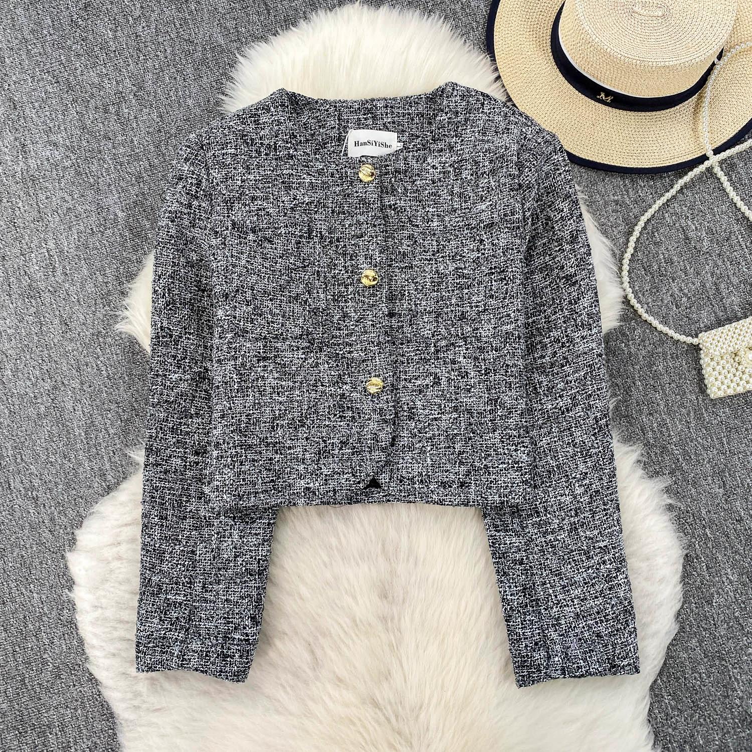 

Осінньо-зимовий жіночий елегантний твідовий короткий жакет-пальто з довгим рукавом на одному ґудзику та з кишенями M темно-сірий