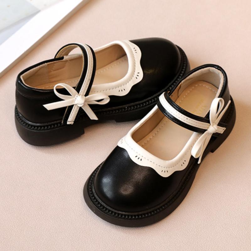 Autumn Girl Leather Shoes Bowtie Black Beige School Causal Children Flat Elegant Round Toe Fashion Patchwork Kids Mary Janes