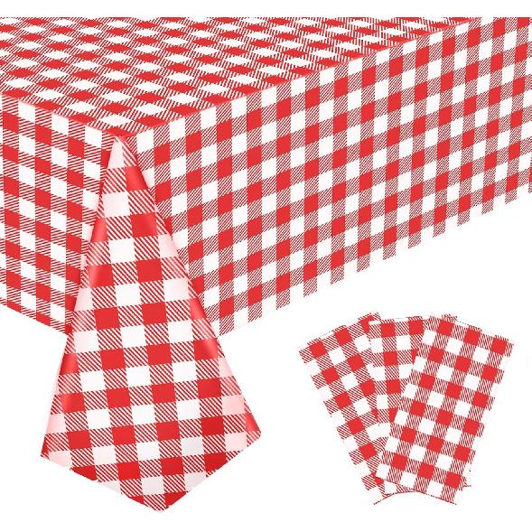 3 Pack Red and White Checkered Tablecloth, 54 X 108Inch Plastic Red Gingham Table Cloth Disposable Spring Picnic Tablecloth Waterproof Red Checkered