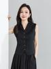 Xin Ge Stylish Black Sleeveless Suit Vest & Pleated Linen Skirt Set