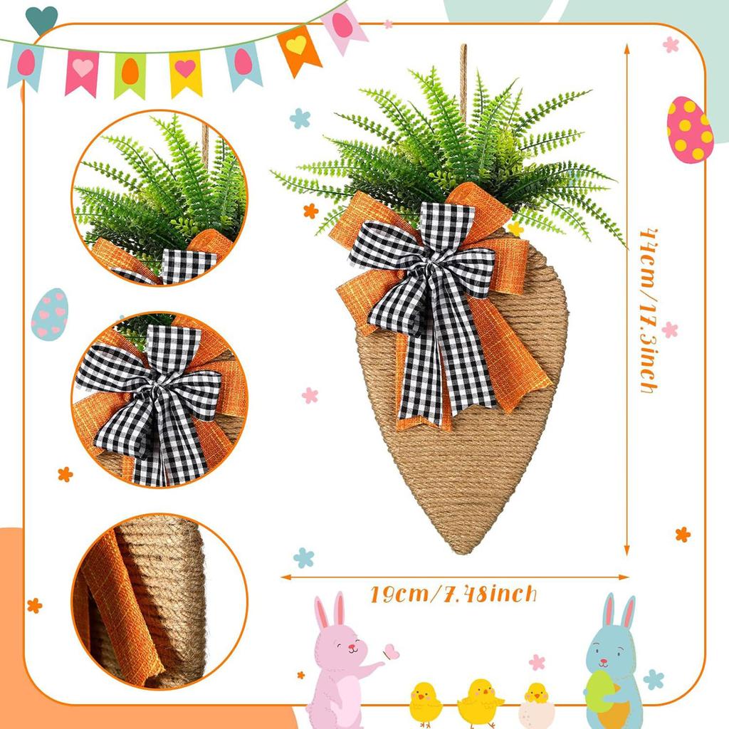 17in Carrot Easter Wreath with Black and White Burlap Bow Easter Rope Carrot Door/ Wall Decor Home Party Decorations for Spring