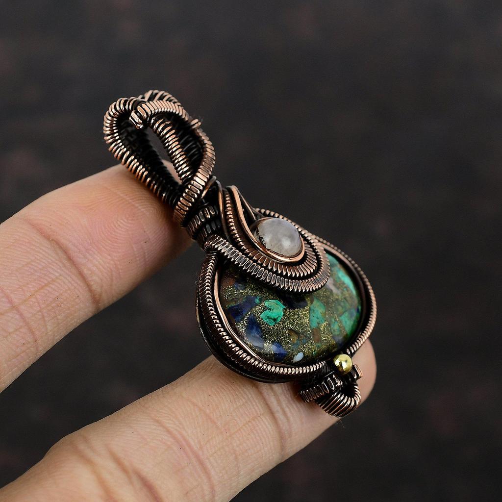 Copper Azurite Malachite Pendant Rainbow Moonstone Pendant Copper Wire Wrapped Pendant Gemstone Jewelry Gift For Her Handmade Copper Jewelry