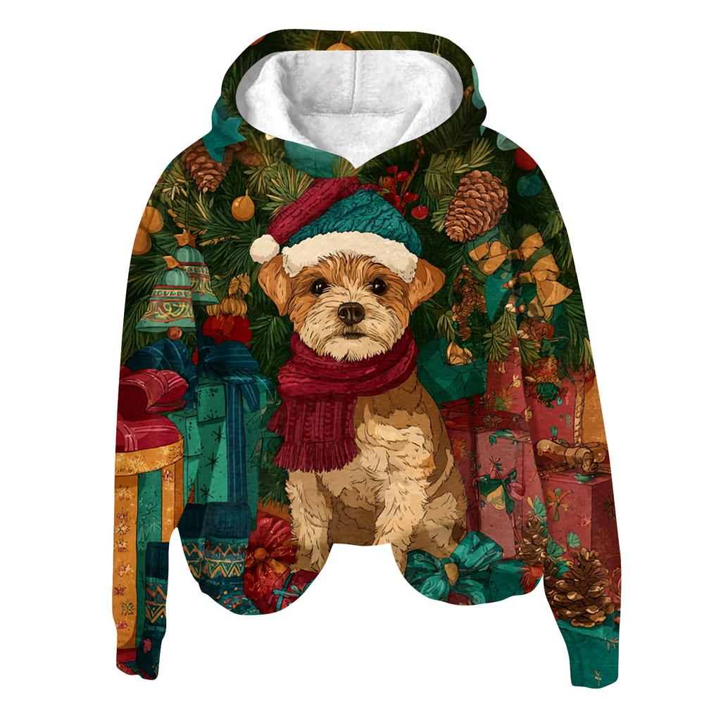 Women's Fashion Long Sleeve Christmas Print Loose Hooded Sweatshirt Top
