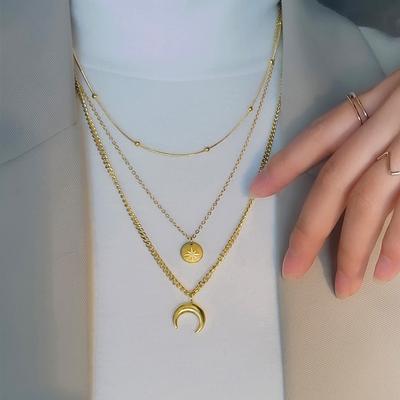 316L Stainless Steel New Fashion Upscale 3 Layer Moon Stars Charms Thick Chain Choker Necklaces & Pendants For Women