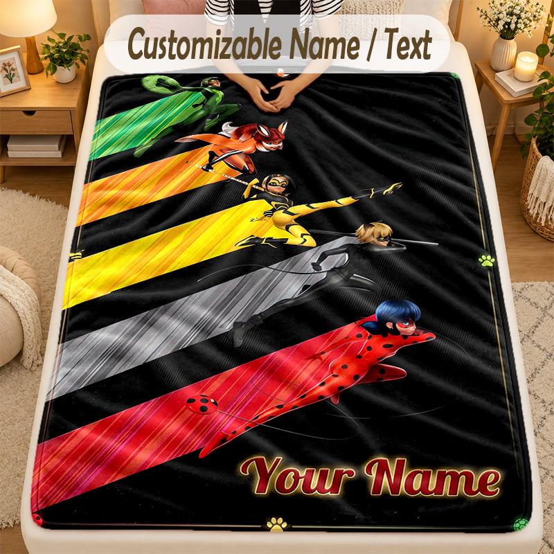 FlaneldeckeMiraculous Ladybug Benutzerdefinierter Name Text Personalisierte Weiche Warme Überwurfdecke Heimdekoration Geschenk