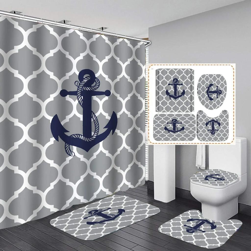 Anchor Shower Curtain Sets Non-Slip Rug Toilet Lid Cover Bath Mat Nautical Anchor Rustic Wood Waterproof Bathroom Curtains Set