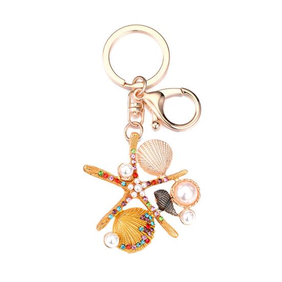 Rhinestone Starfish Keychain Sparkling Shell Faux Pearl Keyring Pendant for Purse Backpack Accessory Gift for Friends