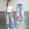 Girls' Fashionable Easter Cartoon Rabbit Printed Denim Pants - Spring/Summer Children's Casual Denim Pants