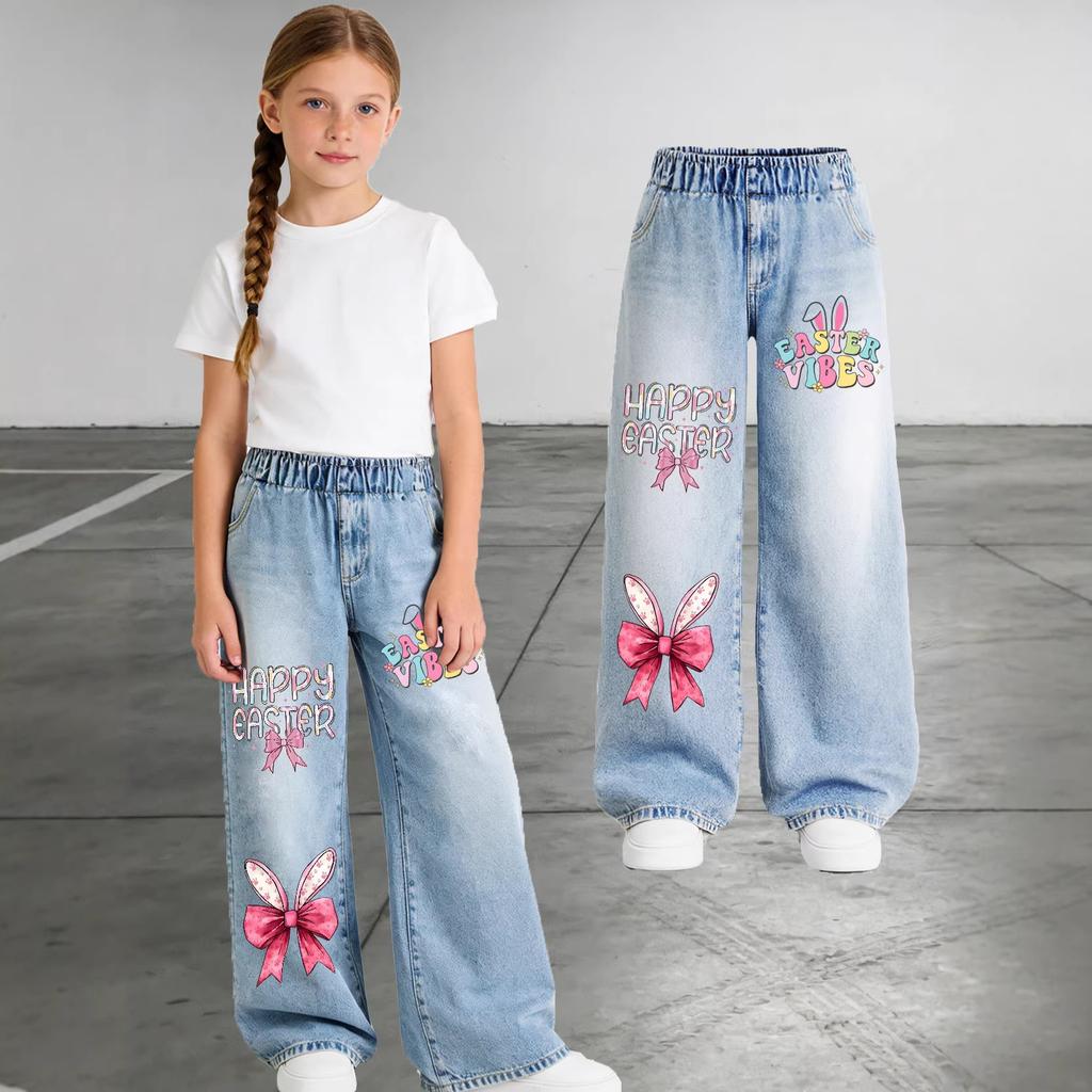 Girls' Fashionable Easter Cartoon Rabbit Printed Denim Pants - Spring/Summer Children's Casual Denim Pants