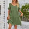 Women's Casual Fashion Summer V-Neck Dresses Solid Color Short Sleeve Pleated Dresses