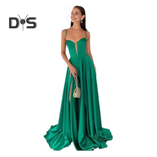 

Женское вечернее платье с глубоким вырезом, без воротника, со шнуровкой, с открытой спиной, без рукавов, плиссированное, на тонких бретельках, длиной до пола, облегающее, с высоким разрезом, однотонное M зелёный