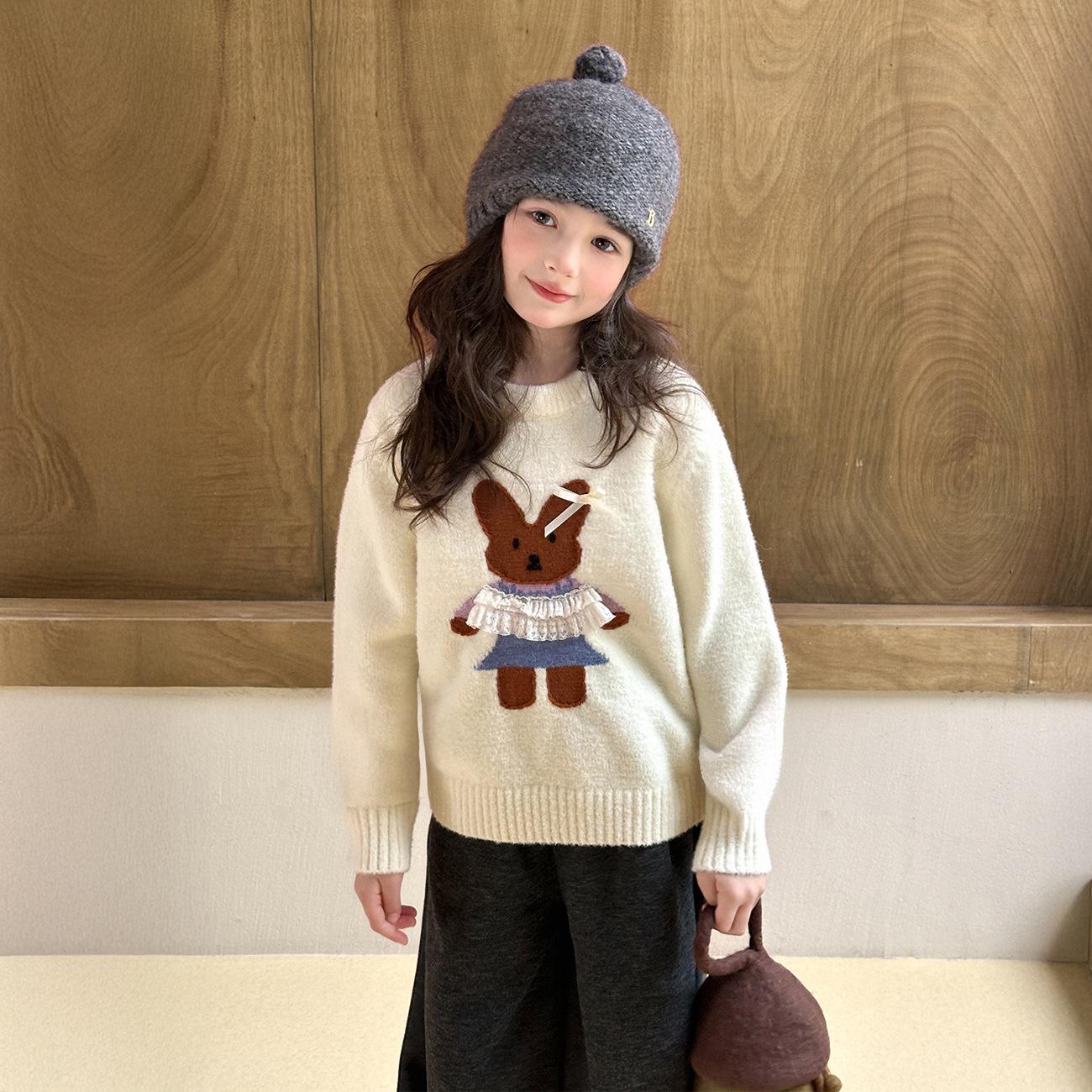 Yuchen Girls  Cartoon Sweater - 2025 Winter Thick Warm Pullover Size 170