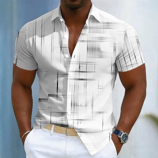 Men S Short Sleeve Striped Print Slim Fit Casual Breathable Shirt M белый