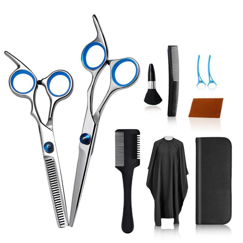 10 Piece Hair Cutting Scissors Set Professional Barber Thinning Shears Stainless Steel Comb Cape Brush Leather Case