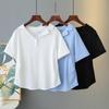Plus Size Women's Lapel Short Sleeve Cotton T-shirt - Slimming Pleated Waist Summer Top