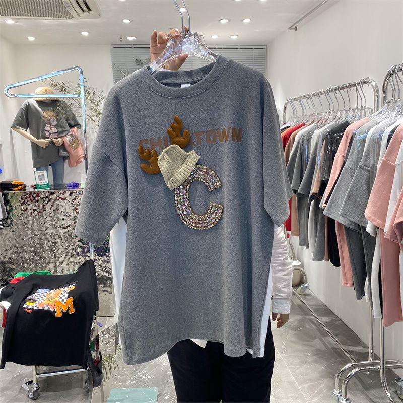 Spring and Autumn Large Size Diamond Hat Fashionable All-Match Pullover Loose Short Sleeve Fur T-Shirt Women