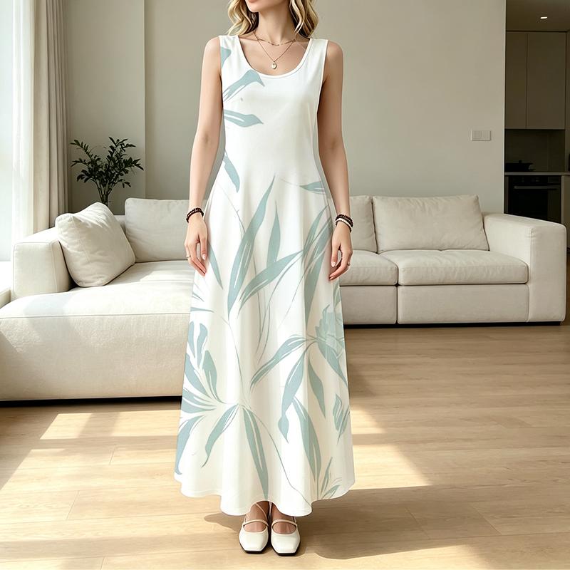 Loose Fit Vacation Maxi Dress,Minimalist Light Tone Leaves And Bloom Art Print Sleeveless Sundress