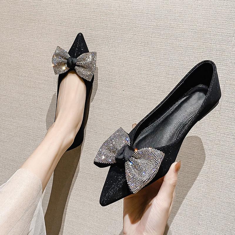 Rhinestone Pointed Toe Shoes for Women Black Slip-on With Bow Woman Flats Y2k 2025 Summer Elegant Dress Shoe Discount Wholesale