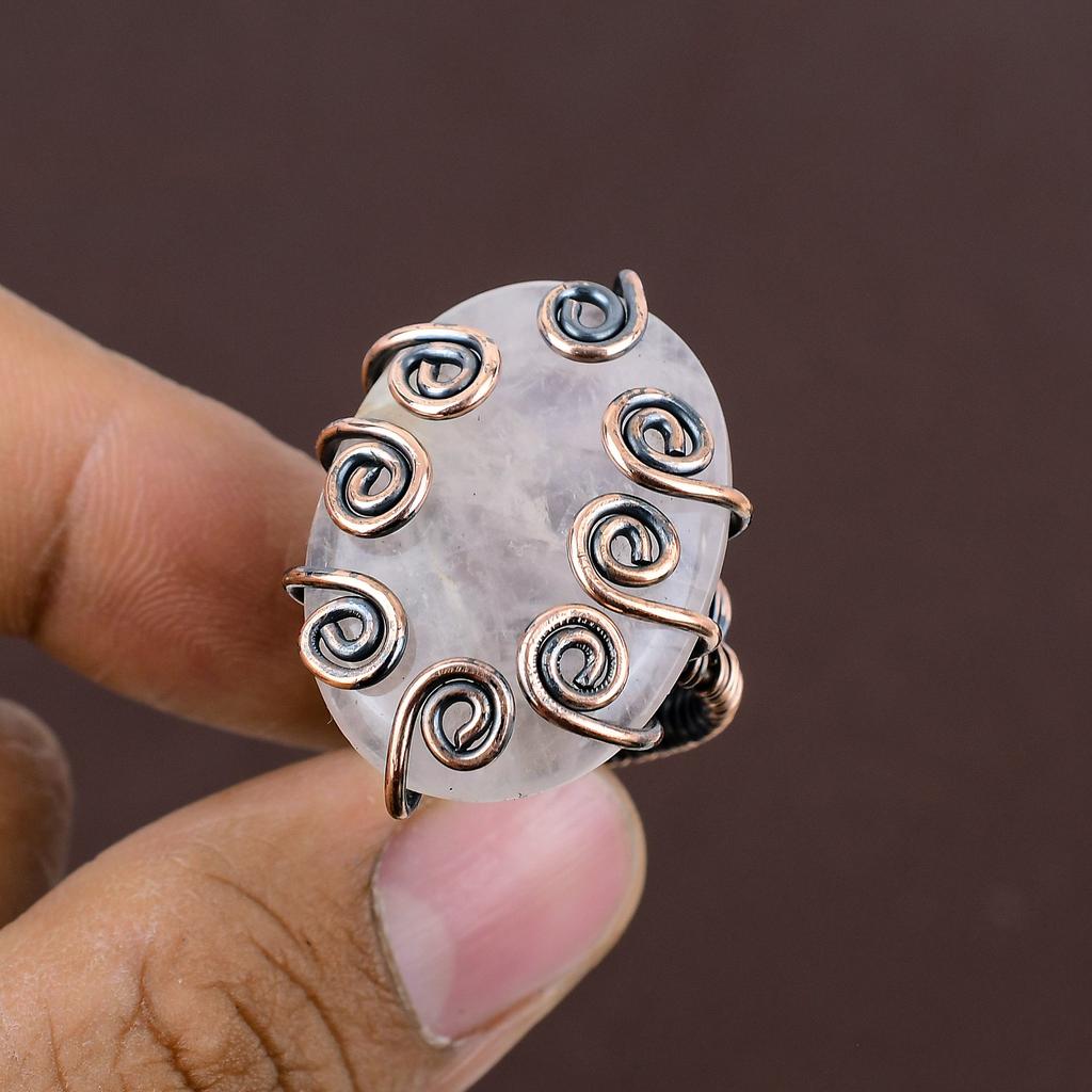 Natürlicher Rosenquarz Edelstein Handgemachter Kupferdraht Wickelring Größe 6,5 s2t02