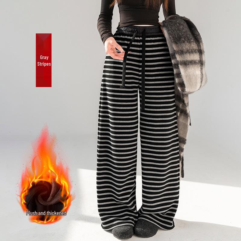 2025 Winter High-Waisted Coffee Striped Plush Pants for Petite Women: Loose, Wide-Leg, Straight-Leg Style.
