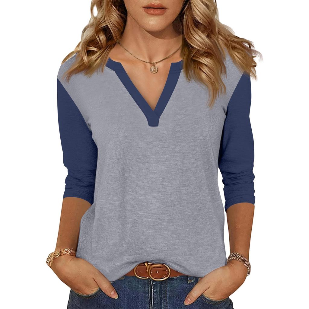 Women's Casual Fashion Sexy Comfortable V-neck Stitching Color Three-quarter Sleeve Top