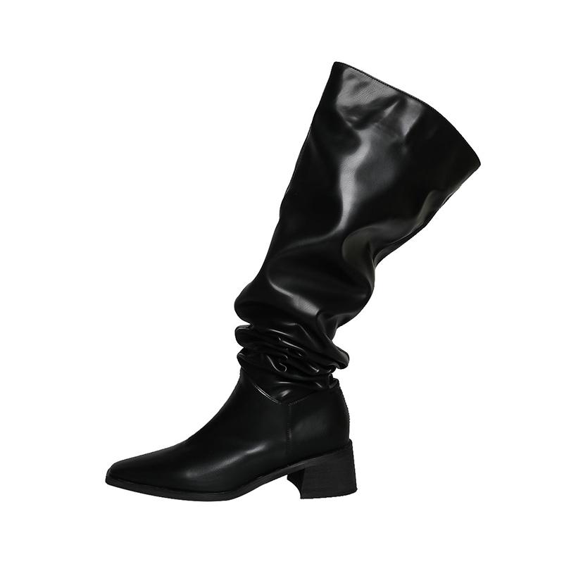 

Meotina/женские сапоги выше колена с квадратным носком на толстом среднем каблуке, плиссированные длинные ботинки, женская модная обувь, осень-зима, бежевый, черный, 40 33 чёрный