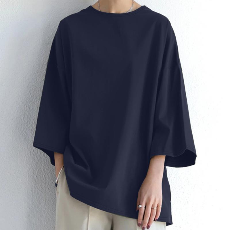 

ZANZEA Женская повседневная блузка с круглым вырезом и рукавом 3/4 5XL тёмно-синий