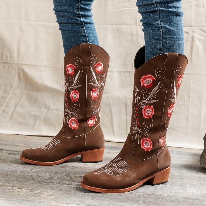 

Large Size Low Heel Knight Boots Autumn and Winter New Embroidered Round Head Medium Boots Thick Heel Martin Boots Women 43