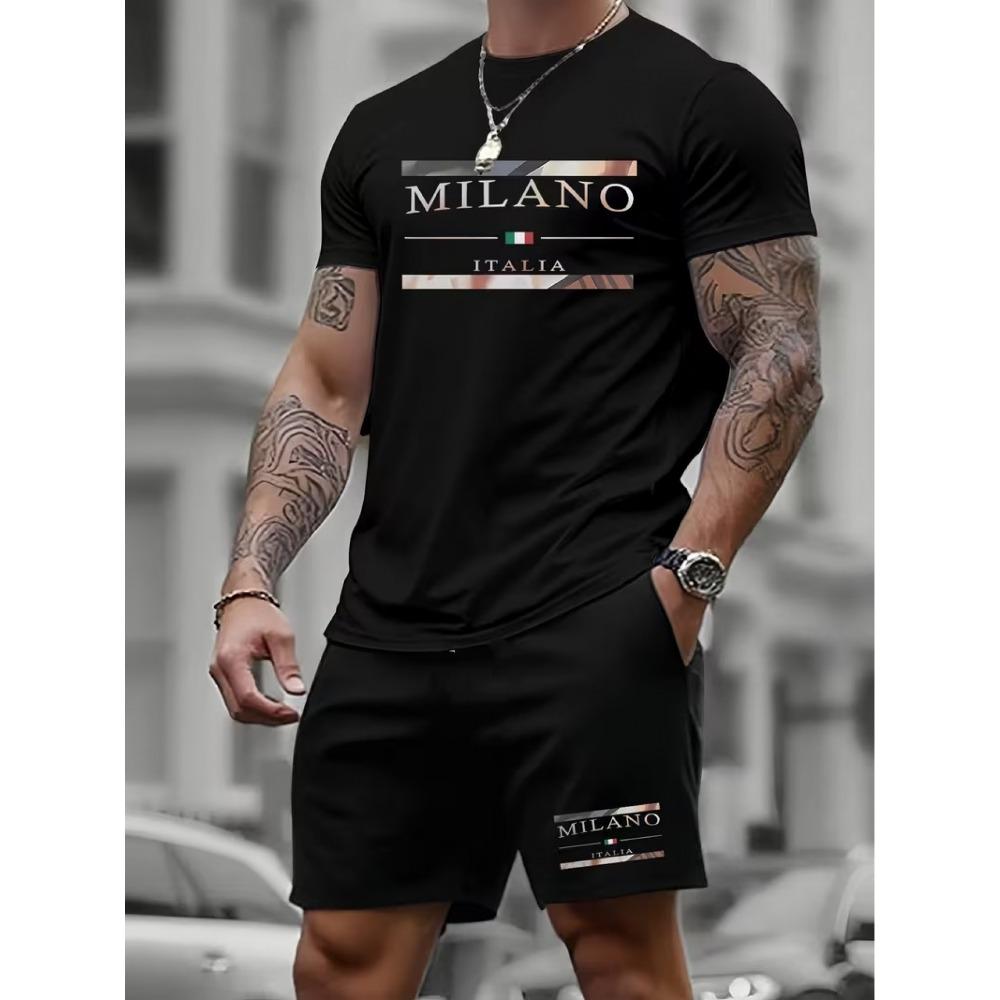 Men s casual and comfortable round neck short sleeved printed suit 2XS